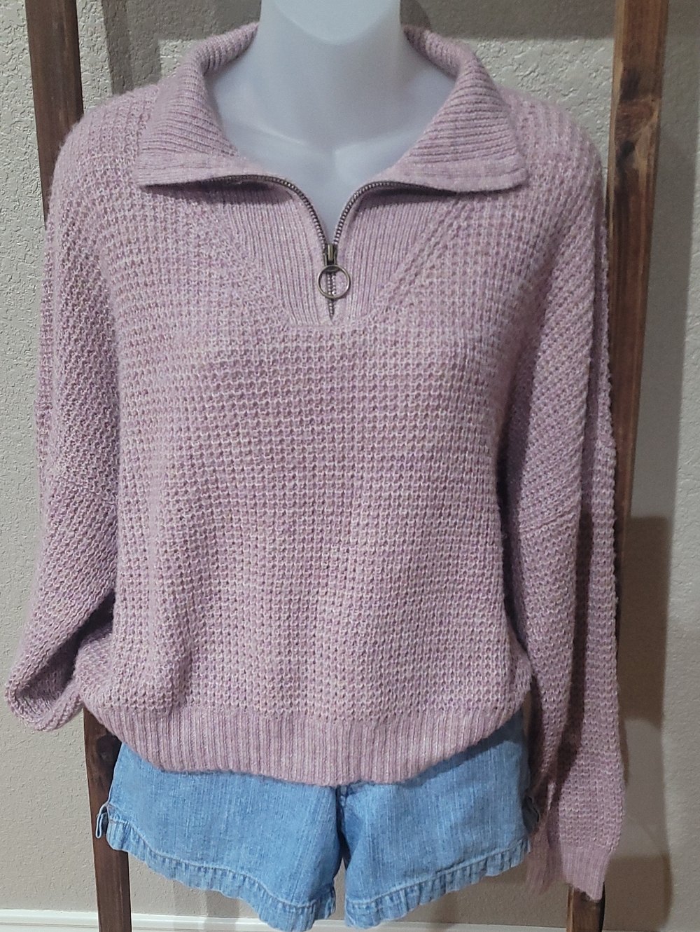 American Eagle Outfitters Mauve Zip-Pullover Cowl Sweater